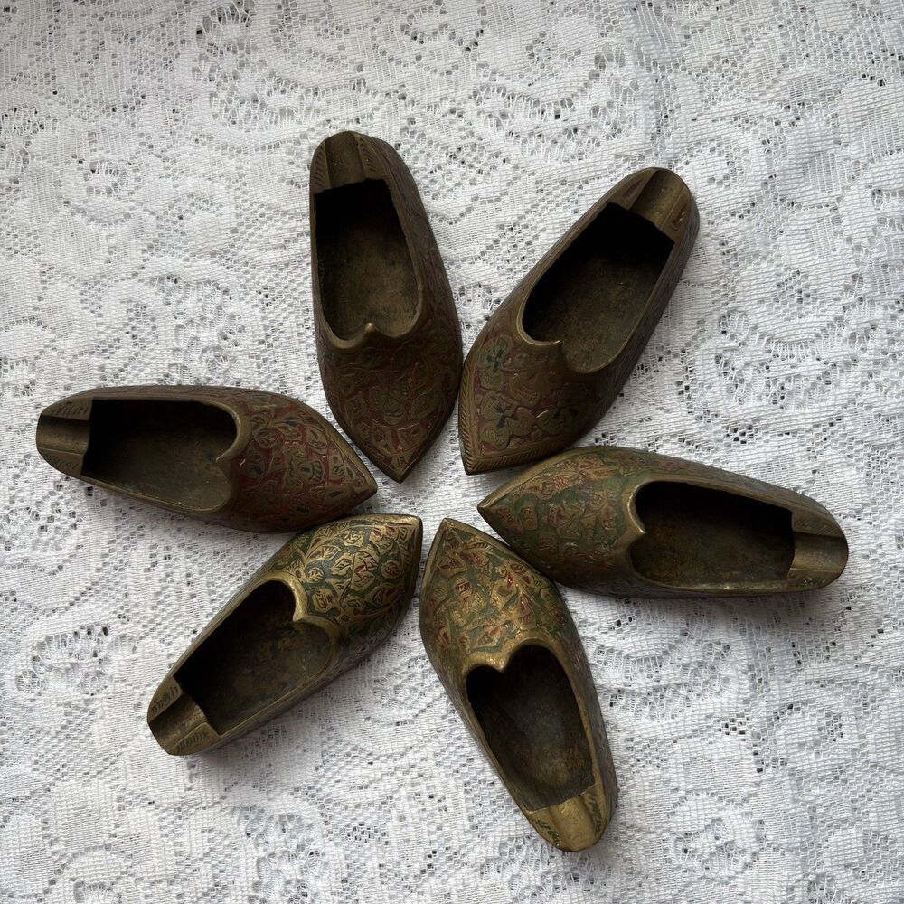 Vintage Brass Shoe Ashtrays India S.A.H. Hand Etched Set of 6